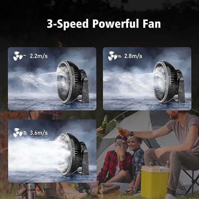 MORECORE Portable Camping Fan with LED Lantern, 24HRS Running 8inch Rechargeable Tent Fan, Powerful 3-Speed 180° Rotate with Hook, Quiet for Outdoor RV Travel Fishing Hurricane Emergency Power Outage