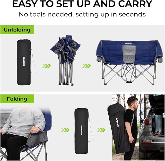 FUNDANGO Oversized Double Camping Chair, 2 Person Folding Padded Loveseat for Adults,660lbs Heavy Duty Chair with Arm Cup Holder for Outdoor Patio Lawn Camp with Carry Bag (Blue)
