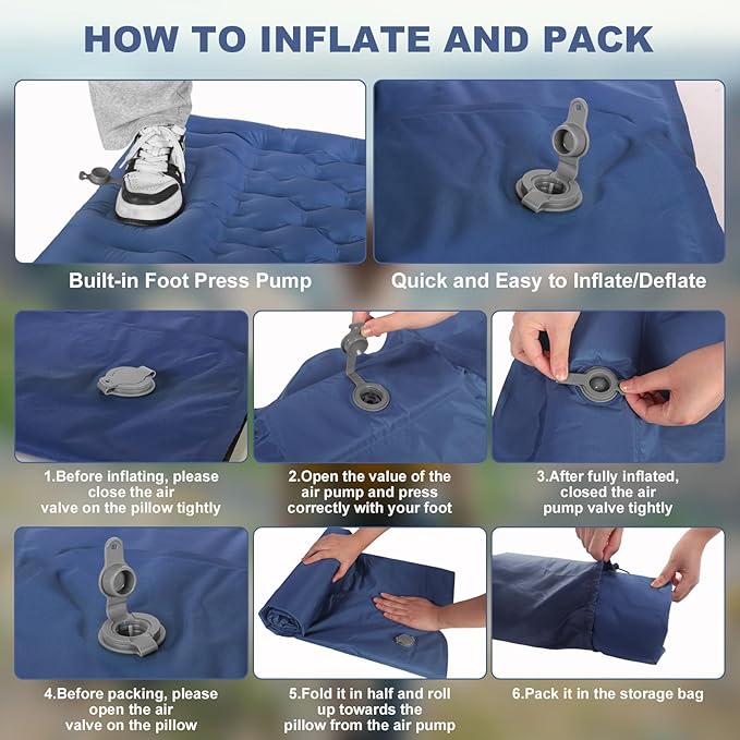 Camping Sleeping Pad with Pillow: Extra Thick 4.7 Inch Ultra-Light Self Inflating Airpad, Most Comfortable Inflatable Sleep Mattress with Foot Pump for Backpacking, Camp, Hiking, Tent (Navy Blue)