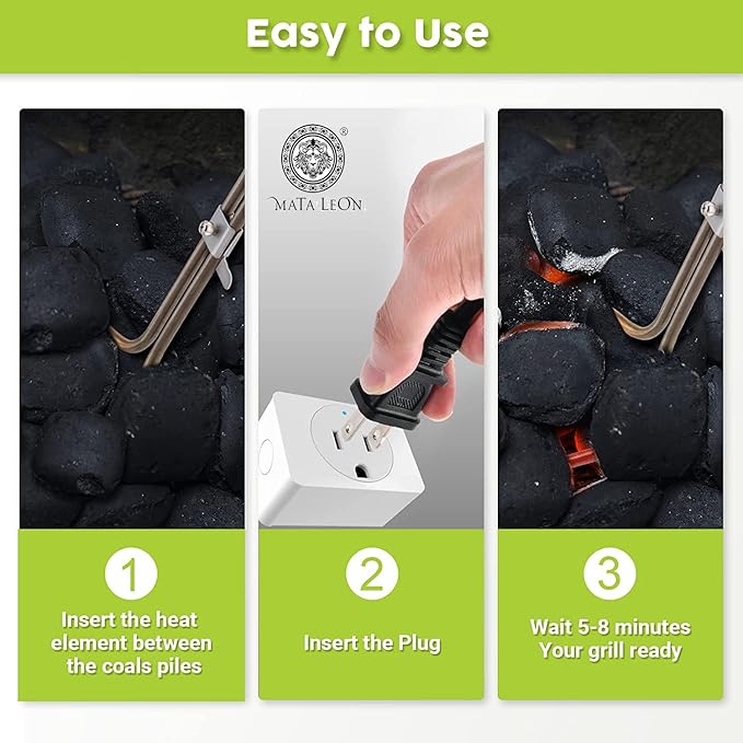 Electric Charcoal Starter for Grill – Mata Leon Premium BBQ Grills Fireplace Tools Easier & Quicker Ignite Lump Coals Briquettes | NO Sparks or Ash | Durable 304 Heat Element Coils with 5ft Long Cable