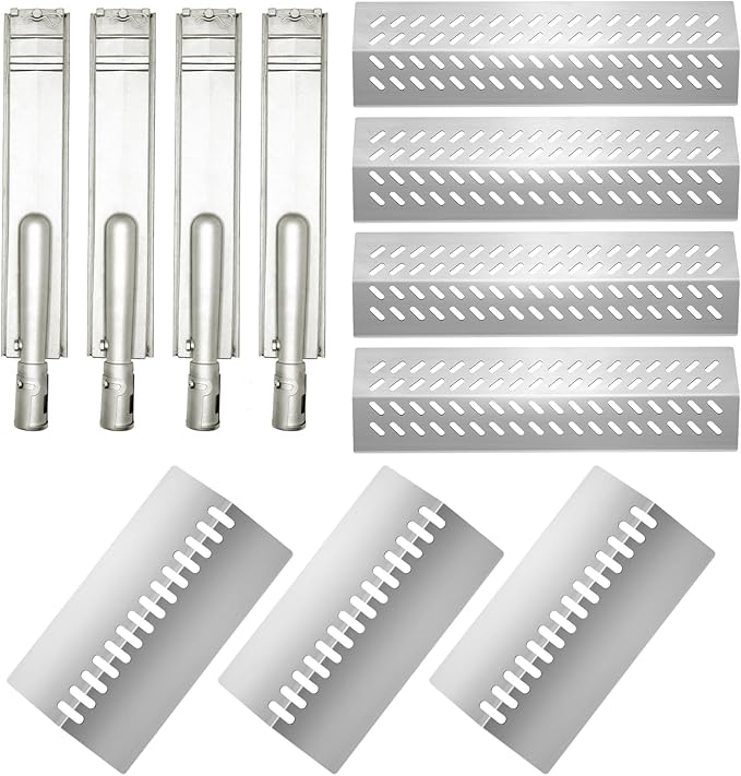 Stainless Steel 4pcs 16631 Flame Tamer Flavor bar and 3pcs 16520 Heat Plate Shield with 4pcs 16516 Burners for Bull Grill Replacement Parts,Fits for Blaze Lion, Cal Flame 4 Burner Gas Grills