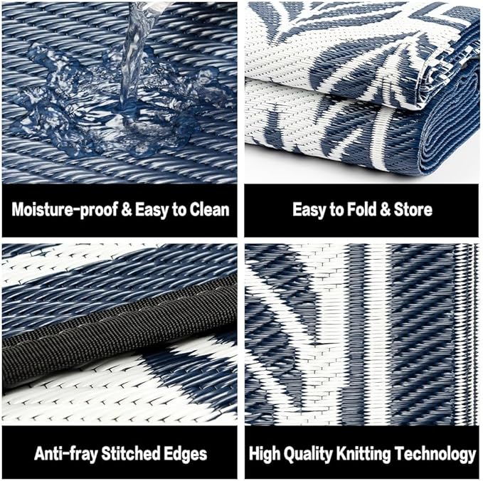 Outdoor Plastic Straw Rug, Waterproof Mat, Washable Large Floor Mat and Rug for Outdoors, RV, Beach, Patio, Camping, Backyard, Deck, Picnic, Outside (6x9ft,Olive-Leaf/Dark Blue&White)