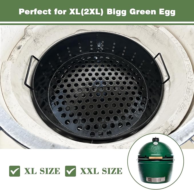 KAMaster XLarge Charcoal Basket Carbon Steel Fire Bowl for XLarge Big Size Green Egg,Heavy Duty Enamel Coated Carbon Steel Charcoal Ash Basket with Handles(Fit for XL)