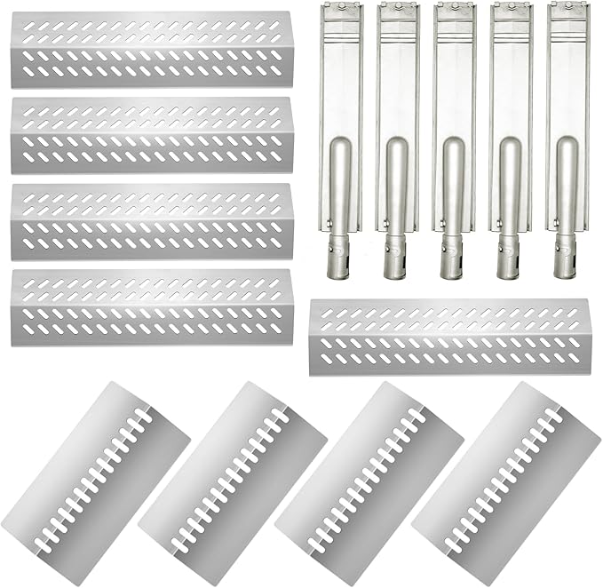 Stainless Steel 5pcs 16631 Flame Tamer Flavor bar and 4pcs 16520 Heat Plate Shield with 5 pcs 16516 Burners for Bull Grill Replacement Parts,for Blaze Lion Cal Flame G Series 5 Burner Grill