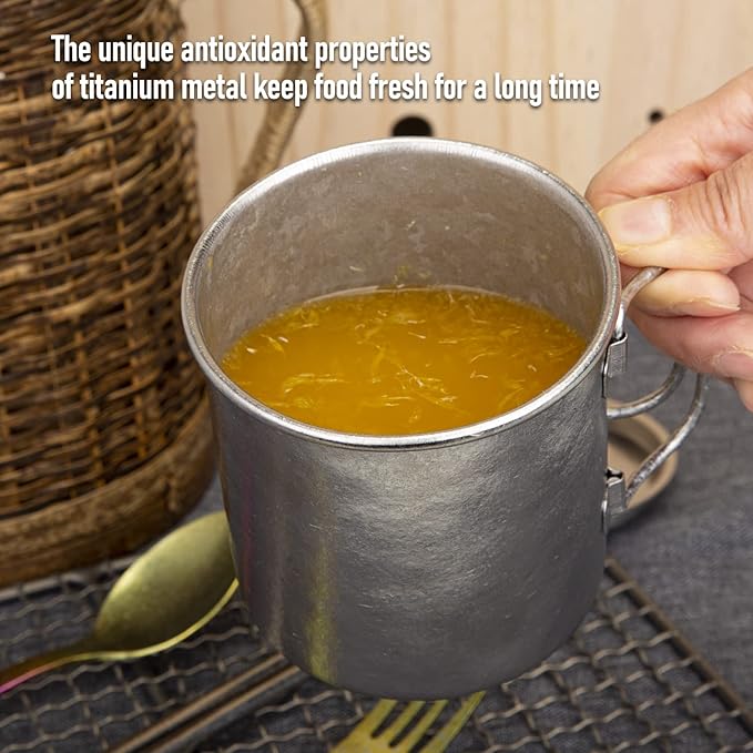 TiTo Titanium Cup Titanium Pot with Lid Ultralight Portable 450ml Foldable Handle Camping Tea Coffee Water Mug for Outdoor Backpacking Hiking Picnic Drinkware with Mesh Sack (Green)