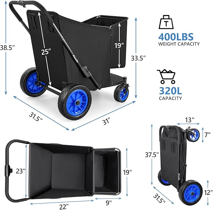 KEDSUM Beach Wagon with Big Wheels for Sand, 320L Oversized Wagons Carts, 12" Big All Terrain Rubber Wheels, 400LBS Heavy Duty Collapsible Wagon for Beach, Camping, Fishing. Black