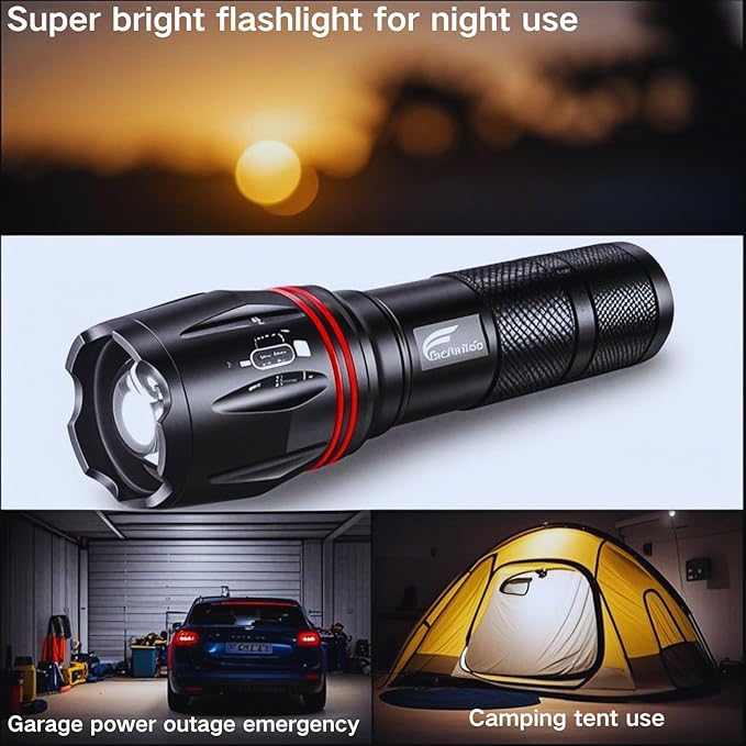 HAUSBELL T8 Upgraded Flashlight Bright, Zoomable Tactical LED Flashlights Flash Light with High Lumens and Five Modes and Camping Accessories, 2 Pack