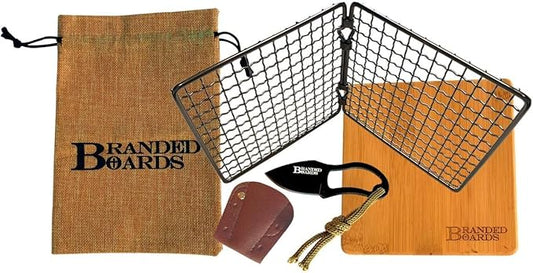 Portable Bushcraft Stainless BBQ Cooking Grill Grate, Bamboo Cutting Board, Burlap Bag, Mini Knife, Fire Starter Kits. Camping, Campfires, Backpacking, Hunting & Fishing Gear