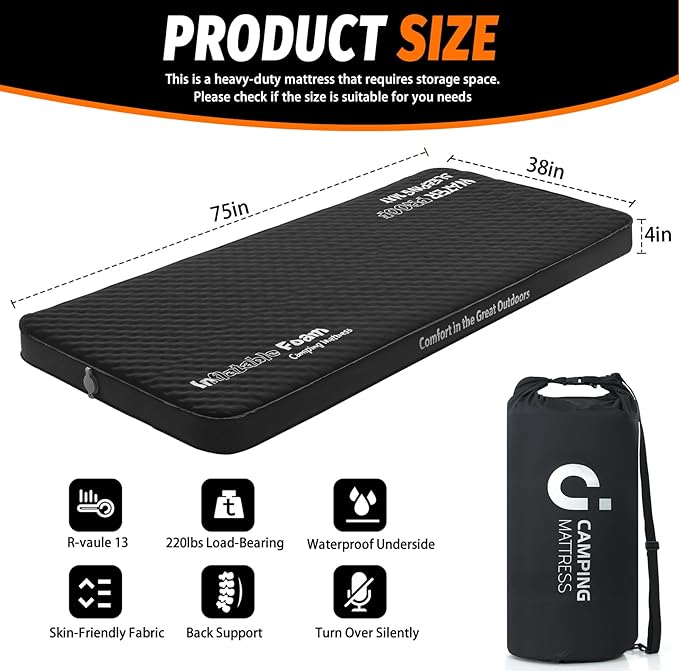 Self Inflating Sleeping Pad, 4in Ultra-Thick Foam Camping Car Mattress with Air Pump Sack, Sleeping Mat for Adults Inflatable Camping Pad Mattress, Single Cot Bed, Travel, Car, Tent, Home, Black