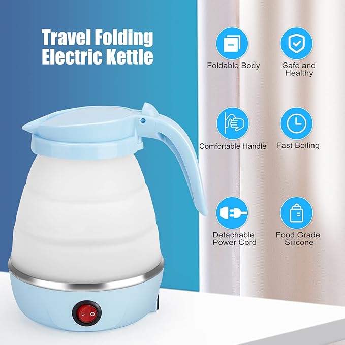 Travel Foldable Electric Kettle, Portable Kettle for Fast Water Boiling Tea Coffee, with 1 Collapsible Bowl and 2 Cups, Food Grade Silicon, 600ML 110V