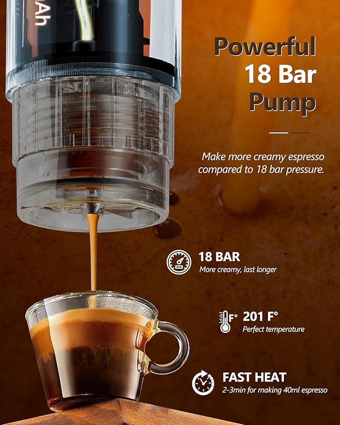 CONQUECO Portable Espresso Machine Travel: 12v Car Coffee Maker with Battery for Camping - Small Electric - 2.5 Mins Heating - Set With Ground Coffee & NS Capsule & Handbag for RV, Hiking, Office