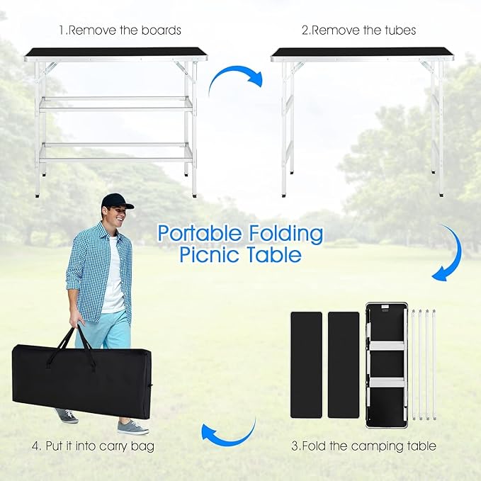 Goplus Folding Camping Table, Foldable Camp Table with 2-Tier Storage Shelves, Removable Cloth Cover, Aluminum Portable Pop-Up Bar Table for Picnic, Tailgate, Party, Travel, Outdoor
