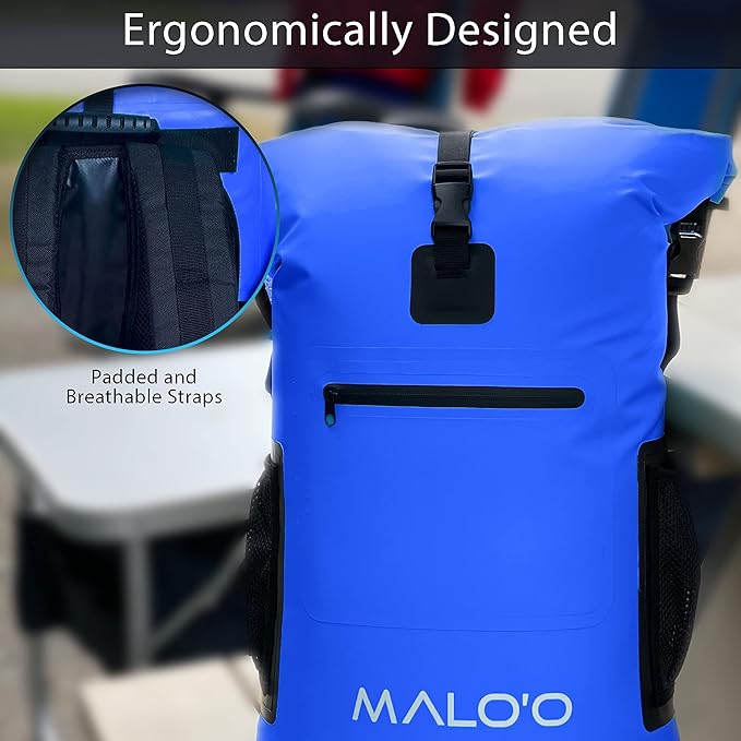 Malo'o Backpack Cooler Bag Holds 24 cans or 18 Bottles and ice - Roll-Top Soft Cooler for Kayaking, Camping, Beach, Fishing, Hiking Daypack & Travel Gear - Closed-Cell Insulation Cooler Backpack