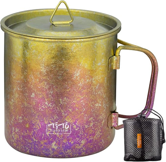 TiTo Titanium Cup Titanium Pot with Lid Ultralight Portable 450ml Foldable Handle Camping Tea Coffee Water Mug for Outdoor Backpacking Hiking Picnic Drinkware with Mesh Sack (Colorful)