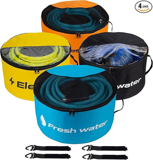RV Sewer Hose Storage 4 Packs, Two-Way Zipper Closures and Visible Cover for RV Storage And Organization, Waterproof Accessories Bag for Garden Fresh Water Hoses Electrical Cords Camper Tools