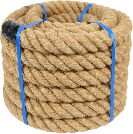 2 Inch Natural Jute Rope, 50 Feet Thick Hemp Rope, 4 Strands Twisted for Docks, Nautical, Raliings, Tree Climbing, Decorating, Indoor/Outdoor Use