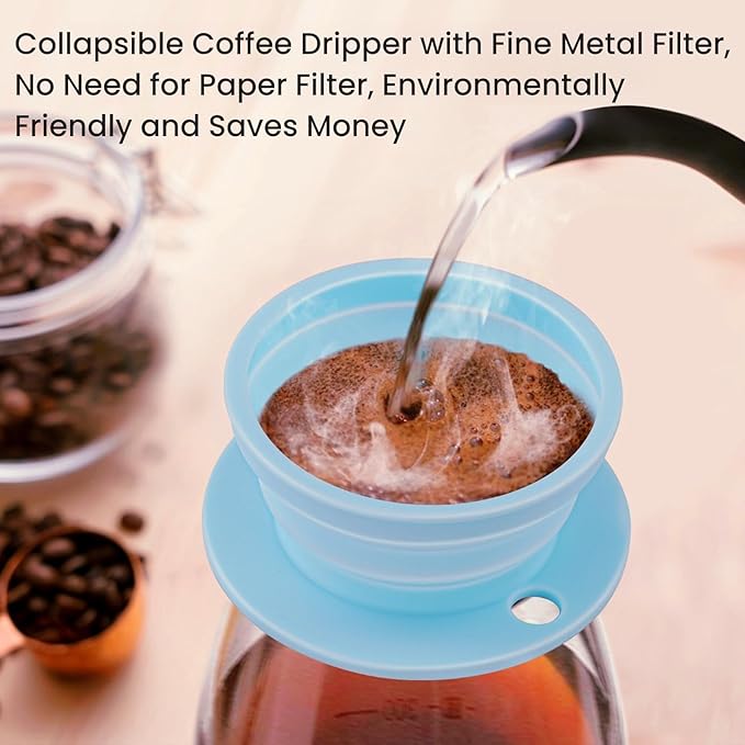 Travel Kettle Electric Foldable, Portable Electric Kettle, Collapsible Kettle Silicone + Paperless Collapsible Coffee Dripper, Travel Pour Over Coffee Maker 1 Cup (Blue)
