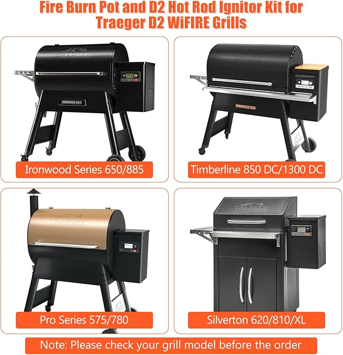 QuliMetal 304 Stainless Steel Fire Burn Pot and D2 Hot Rod Ignitor Kit for Traeger Pro 575 & 780, Ironwood 650 & 885, Silverton 620 & 810 Wood Pellet Grills with D2 Direct Drive and WiFIRE Technology