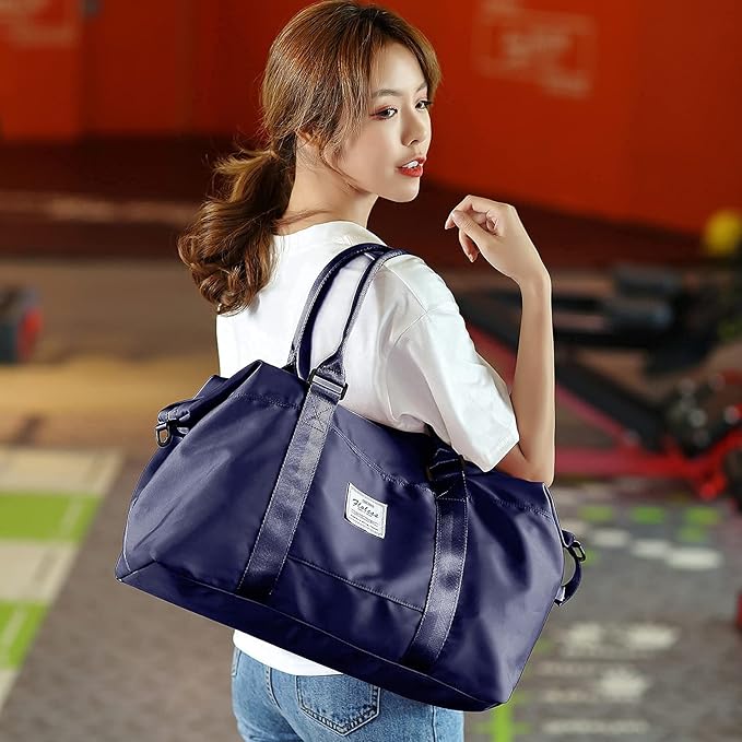 Womens travel bags, weekender carry on for women, sports Gym Bag, workout duffel bag, overnight shoulder Bag fit 15.6 inch Laptop (Large, Navy Blue)