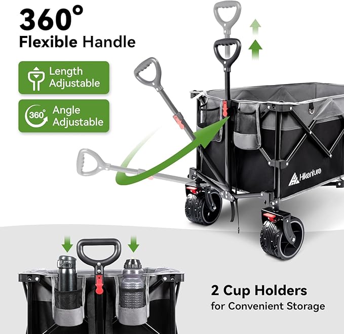 Hikenture Collapsible Wagon Cart, 330lbs Capacity Beach Wagons with Big Wheels for Sand, Heavy Duty Foldable Cart with Brakes, Portable Utility Folding Garden Cart for Outdoor