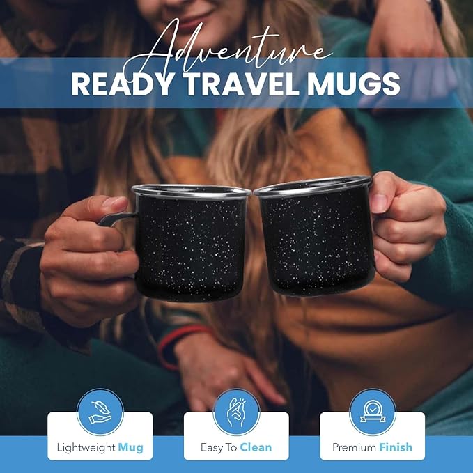 Toughty Enamel Camping Mug – Retro Vintage Campfire Tin Cup, Rustic Backpacking Mug for Hiking, Coffee, Farmhouse, Diner, Hot Drinks, Tinware, and Backpacking Gear – Set of 4 – Black – 16 Oz