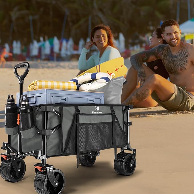 Navatiee Big Wheels Collapsible Wagon Cart Foldable, Heavy Duty Beach Wagon with Silent All-Terrain Wheels, Folding Utility Grocery Cart with Side Pocket and Brakes for Camping Garden Sports, Gray