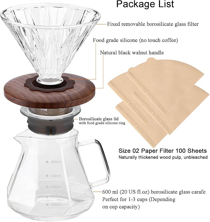 Pour Over Coffee Maker, 20 oz Borosilicate Glass Carafe with 100 pcs Size 02 Paper Filter, Walnut Handle & Glass Lid, 600 ml, Clear