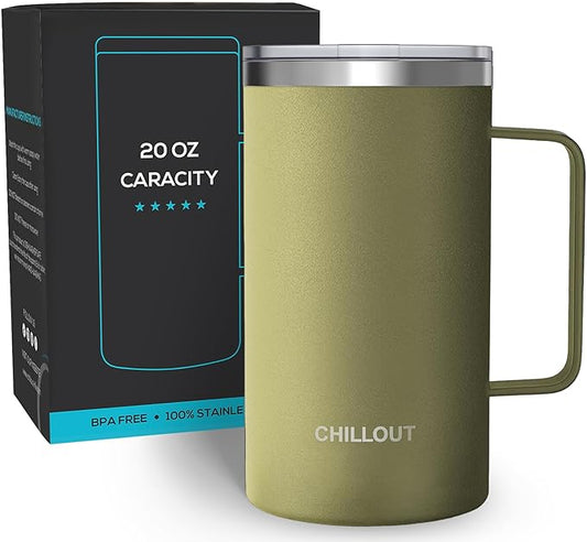 CHILLOUT LIFE Stainless Steel 20 oz Vacuum Insulated Coffee Mug with Handle and Lid, Large Thermal Camping Coffee Mug Cup with Durable Sliding Lid for Men & Women, Keeps your Beverages Hot/Cold