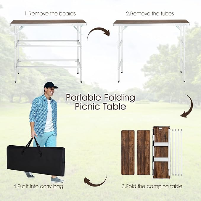 Goplus Folding Camping Table, Aluminum Portable Pop-Up Bar Table with 2-Tier Storage Shelves, Removable Cloth Cover, Foldable Camp Table for Picnic, Tailgate, Party, Travel, Outdoor