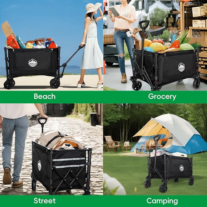 Collapsible Wagon, Portable Folding Wagons Carts with Wheels Foldable, 330lbs Heavy Duty Beach Wagon Outdoor Utility Cart with Dual Side Zipper, Cup Holders for Grocery Camping Garden Sports