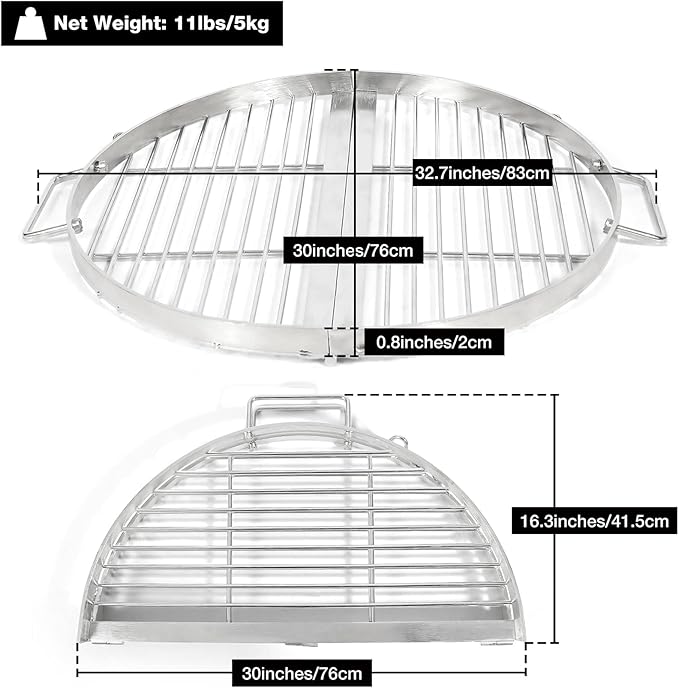 REDCAMP Foldable Fire Pit Cooking Grill Grate 30 Inch, Campfire BBQ Grill with Portable Handle & Support Wire, Heavy Duty Stainless Steel Round Campfire BBQ Grill for Outdoor Picnic Party & Gathering
