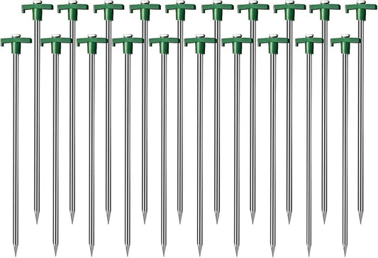 Cheardia 20 Pack Tent Stakes Heavy Duty, 10.25 Inch Yard Stakes Non-Rust Metal Tent Pegs Ground Stakes Tent Spikes for Camping Patio, Garden, Canopies, Grassland, Outdoor,Green
