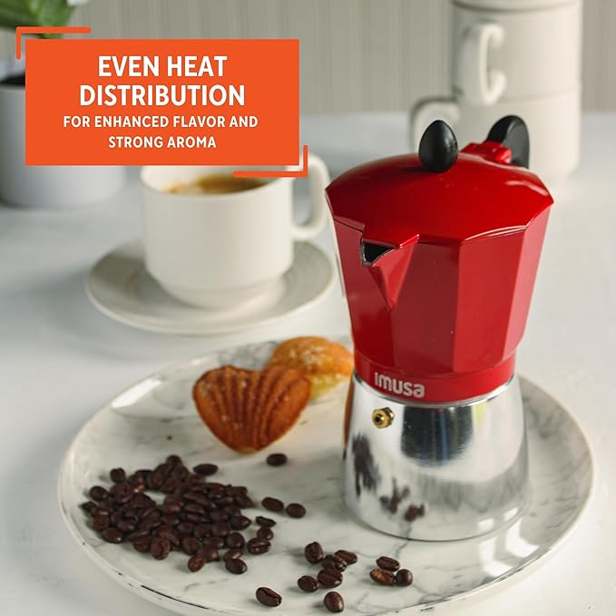 IMUSA USA Red Aluminum Stovetop 6-cup Classic Italian and Cuban Espresso Maker (B120-43T), Silver/Red