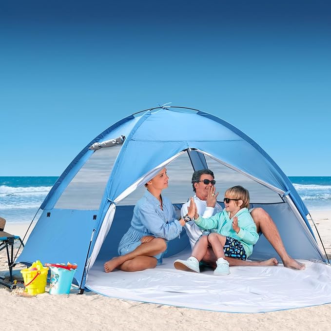 COVACURE Beach Tent Sun Shelter for 3-4 Person - UPF 50+ UV Protection Beach Shade, Waterproof & Lightweight, Easy Setup Portable Sun Canopy for Camping, Fishing, Beach