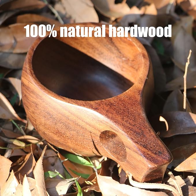 Coffe Mug Portable Wooden Camp Cup with Handle Kuksa Handmade Cool Hot Drinking Viking Mug Unique Natural Wood Grain for Outdoor Travel Hiking Men Women