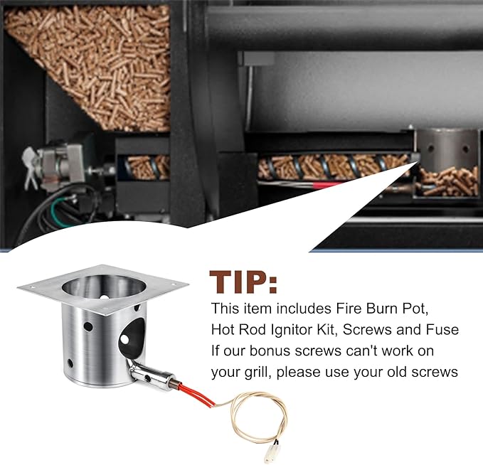 QuliMetal 304 Stainless Steel Fire Burn Pot and Hot Rod Ignitor Kit Replacement Parts for Traeger and Pit Boss Pellet Grill Burner, Fire Pot Accessories with Ash Remover, Screws and Fuse