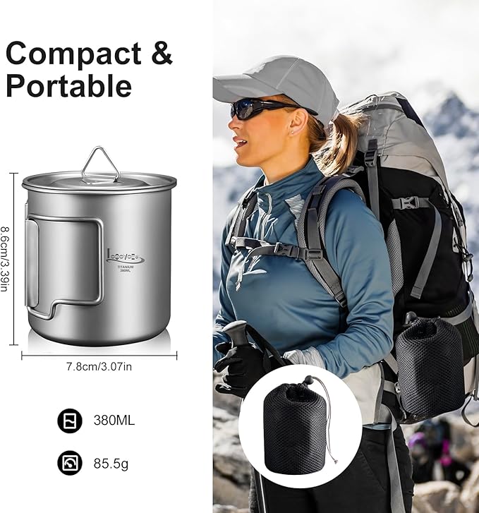 Titanium Pot with Lid, Lightweight Camping Pot with Foldable Handles, Portable Titanium Cooking Pot, Backpacking Pot Titanium Cookware with Carry Bag