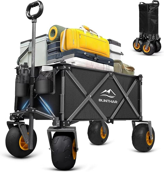 Beach Wagon, Heavy Duty Collapsible Folding Wagon with All-Terrain 9" Pneumatic Tires & Drink Holders, Utility Grocery Wagon for Garden Sports Camping Outdoor Activities