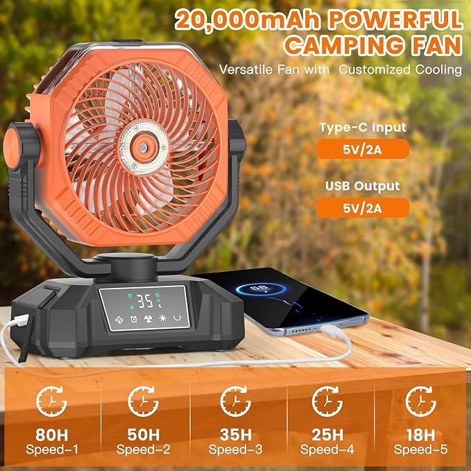 Camping Misting Fan Rechargeable - 20000mAh Portable Mist Fan For Tents With LED Lantern Light, Auto Oscillating With Remote For Outdoor, Battery Operated With Timer 5 Speeds(Orange)