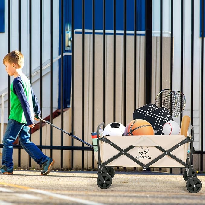 Folding Wagon Cart, Portable Large Capacity Beach,Heavy Duty Utility Collapsible with All-Terrain Wheels,Cart Foldable Wagon for Camping,Shopping,Beach, Garden(Beige)