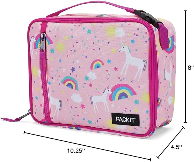 PackIt Freezable Classic Lunch Box, Unicorn Sky Pink, Built with EcoFreeze Technology, Collapsible, Reusable, Zip Closure With Zip Front Pocket and Buckle Handle, Perfect for School Lunches