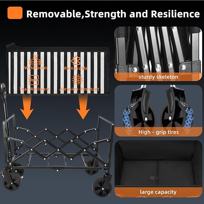 CAMTOP Collapsible Wagon Cart Foldable Wagon Portable Heavy Duty Folding Wagons with Braking Wheels Lightweight Outdoor Utility Wagon for Shopping, Sports, Camping, Garden, Grocery, Beach (Stripes)