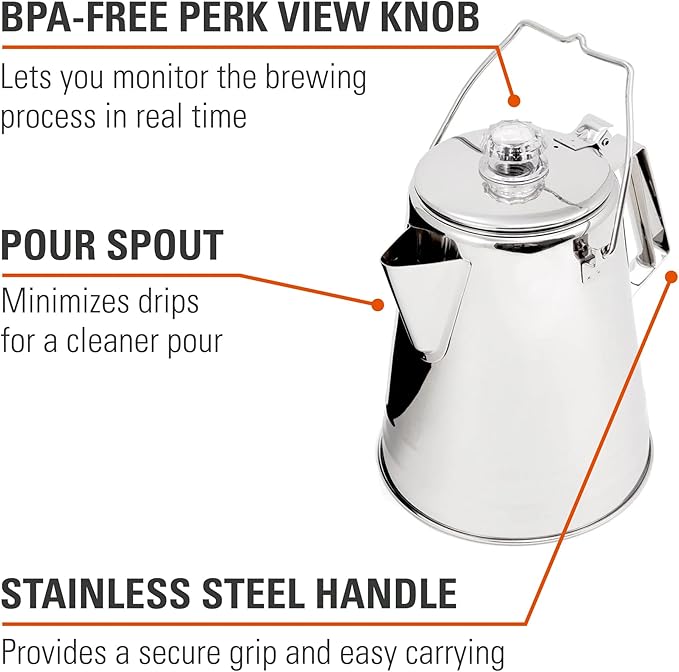 GSI Outdoors Percolator Coffee Pot I Glacier Stainless Steel Ultra-Rugged for Brewing Coffee Over Stove and Fire Ideal for Group Camping, 36 Cup