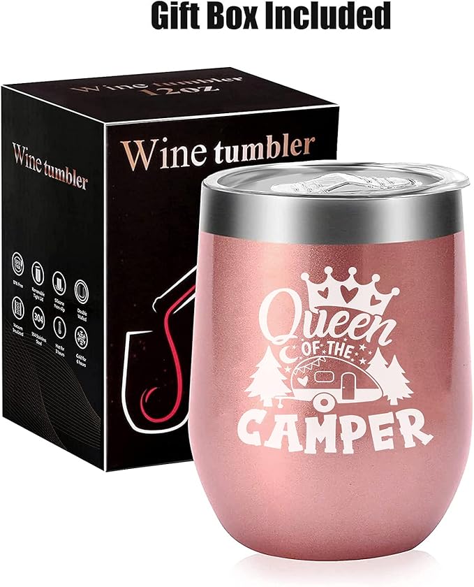 Queen of The Camper Wine Tumbler, Camping Coffee Mug Cup, Women Campers Stemless Tumblers with Lid Stainless Steel Insulated Vacuum 12 Oz, RV Gifts for Camping Lovers Outdoors Hiking