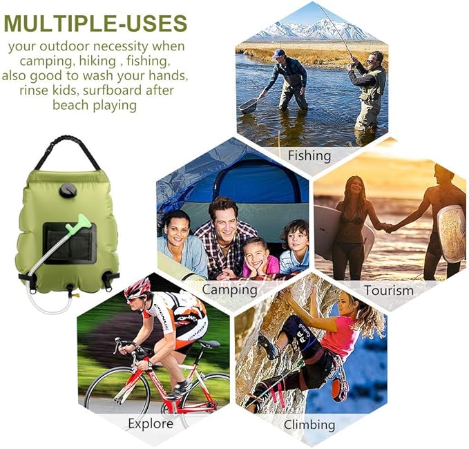 Solar Shower Bag | 5 Gal/20L Solar Heating Camping Shower Bag | Removable Hose | On-Off Switchable Shower Head | Ducha Portatil | Traveling Shower | Portable Shower for Beach Swimming, Hiking