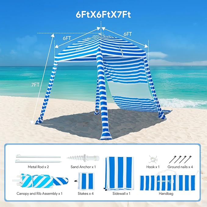 Grandekor UPF 50+ 6'×6' Beach Cabana with Sand Anchor Sidewall Hanging Hook Portable for Family Beach Trips Outdoor Shade Shelte