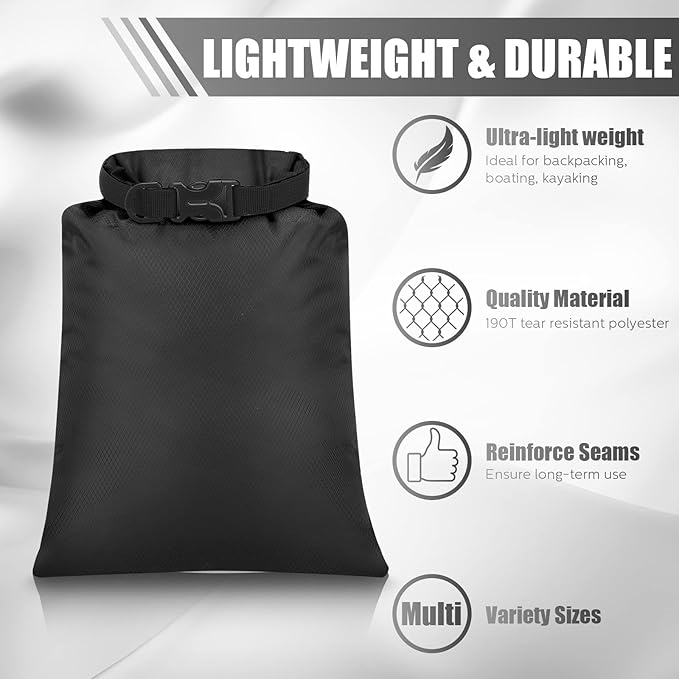 Riakrum 10 Pcs Waterproof Dry Bags, Ultralight Dry Sacks for Backpacking, Outdoor Sacks Keep Gear for Kayaking Boating Hiking Backpacking(1.5,3,5,8,15L,Black)