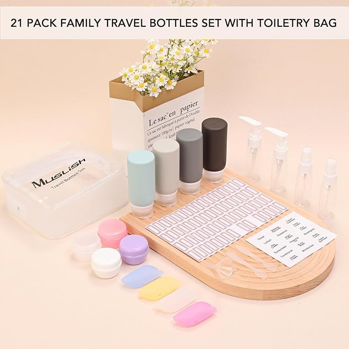 Muslish 21 Pack Travel Bottles for Toiletries, Leak-Proof TSA Compliant Silicone Travel Size Containers for Shampoo and Conditioner, BPA Free with Toiletry Bag (Gray)