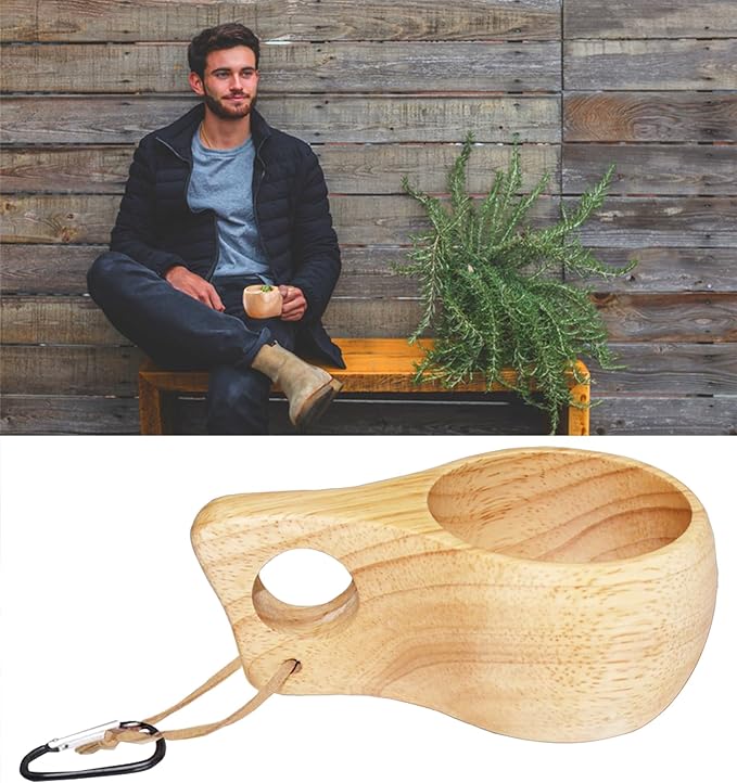 Wood Cup for Kuksa, Camping Mugs Essential Equipment for Bushcraft Gear Also Camping Essentials Wooden Cup Made by Traditional Hand Carving and Equipped with Hanging Rope and aHandle(Beige)