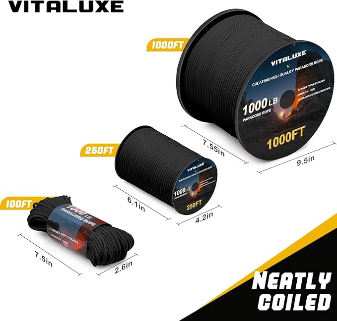 1000lb Paracord Rope, 4mm 12 Triple Strands Paracord, Heavy Duty Tactical Parachute Cord for Survival Gear, Camping, Hiking, and Ideal for Bracelets, Lanyards, Type III